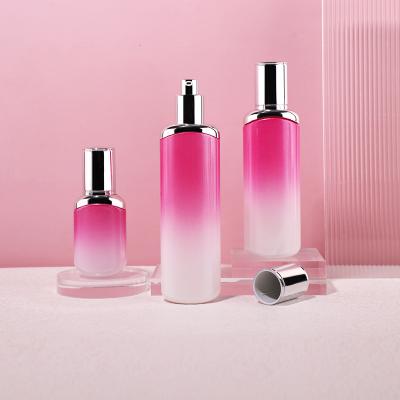 Luxury Gradient Pink Cosmetic Glass Bottle and Jar with Pump Sliver Lid